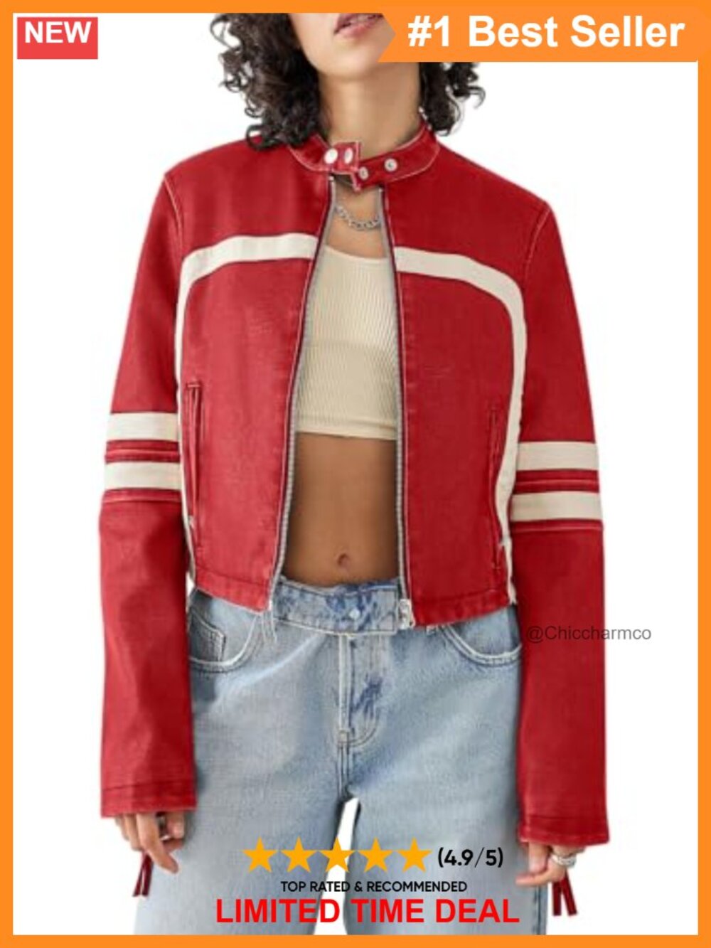 Faux Leather Cropped Moto Biker Jacket Striped Stitching Stand Collar